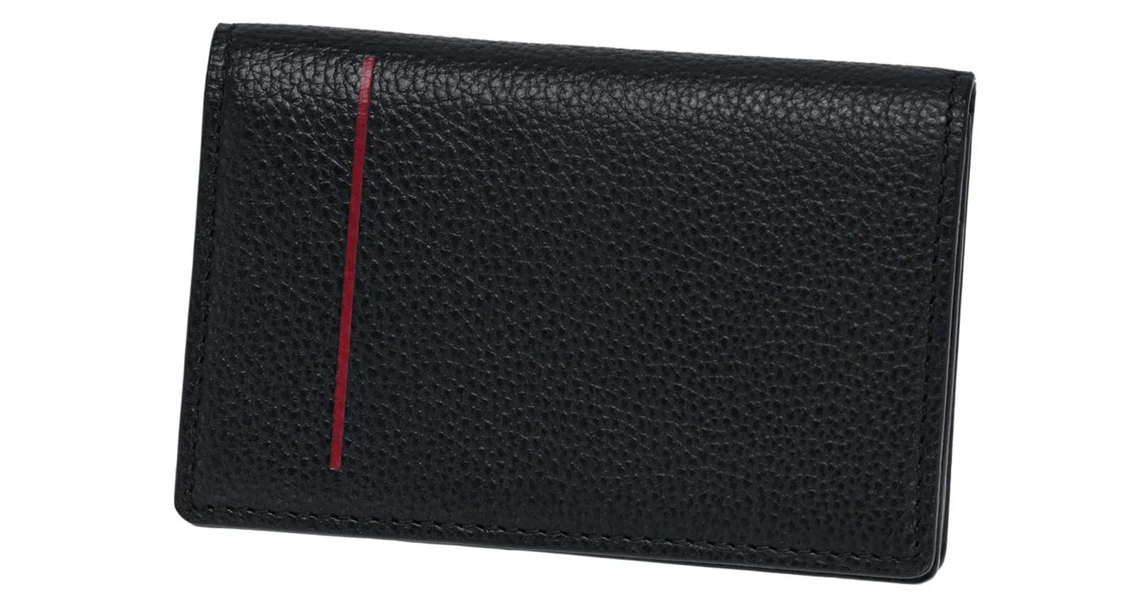 A black, textured leather card holder with a single vertical red stripe on the left side.