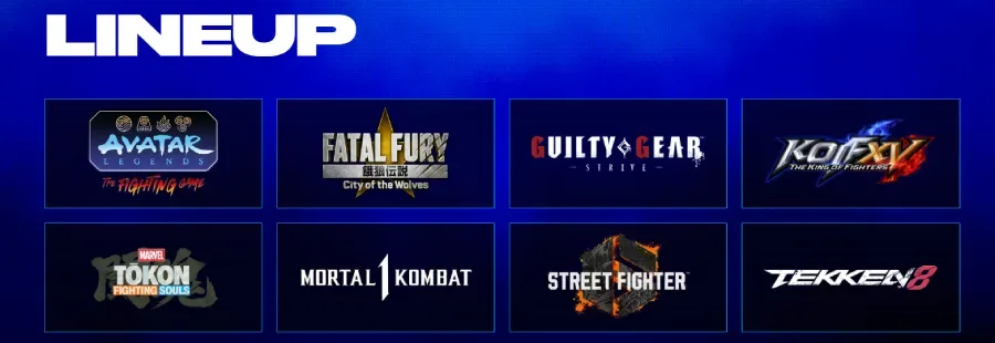 The image reveals the main game lineup at the fighting games esports event Evo Brazil 2027 - eight titles.
