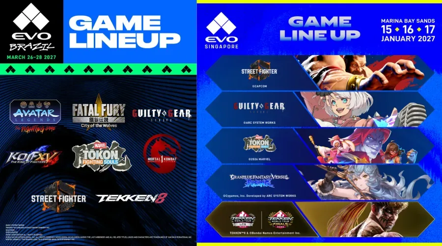 The image is a side-by-side comparison of the main game lineups at the fighting games esports events Evo Brazil and Evo Singapore 2027.