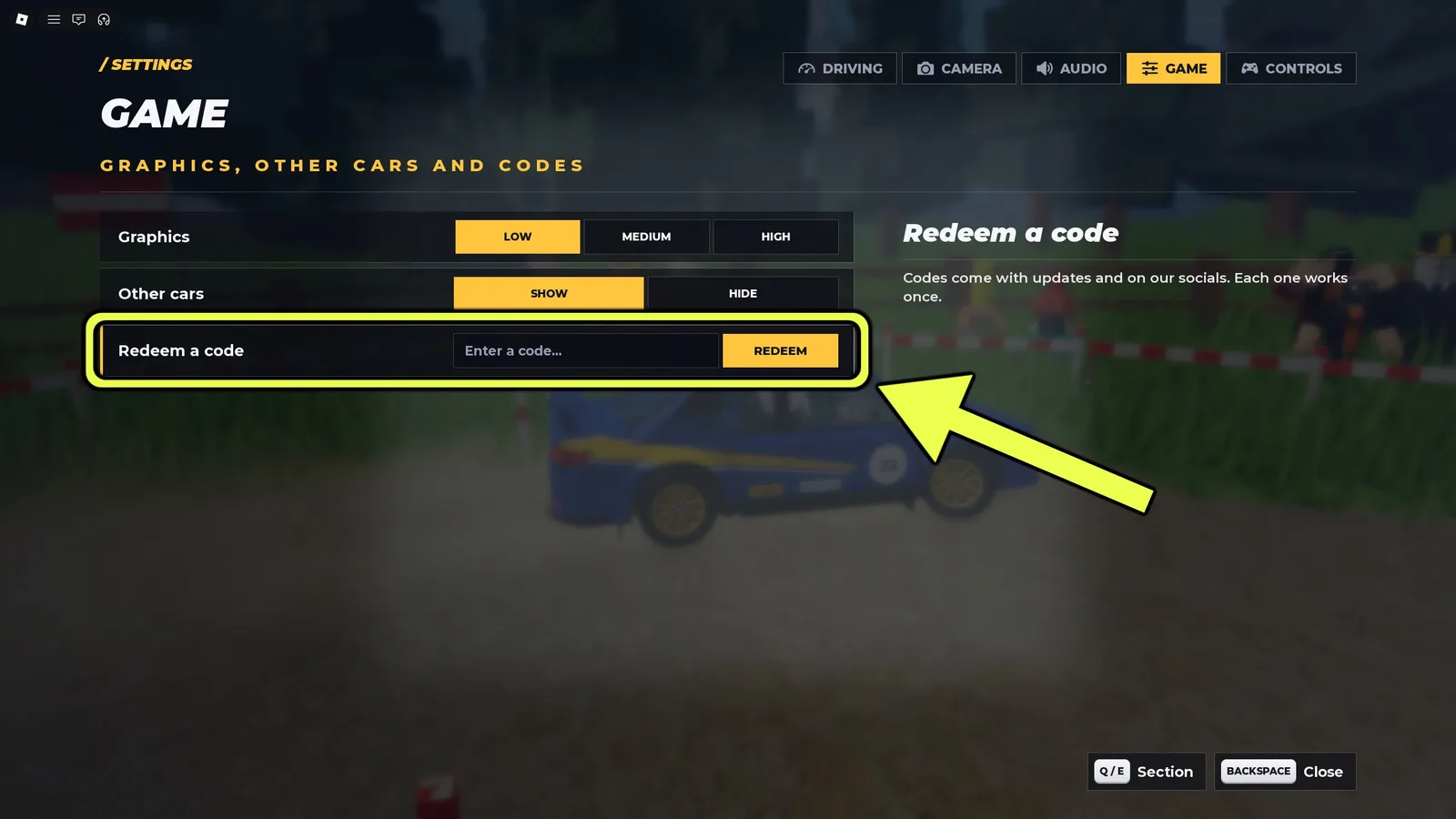 A screenshot from the main menu of Backseat Rally, showing the codes bar.