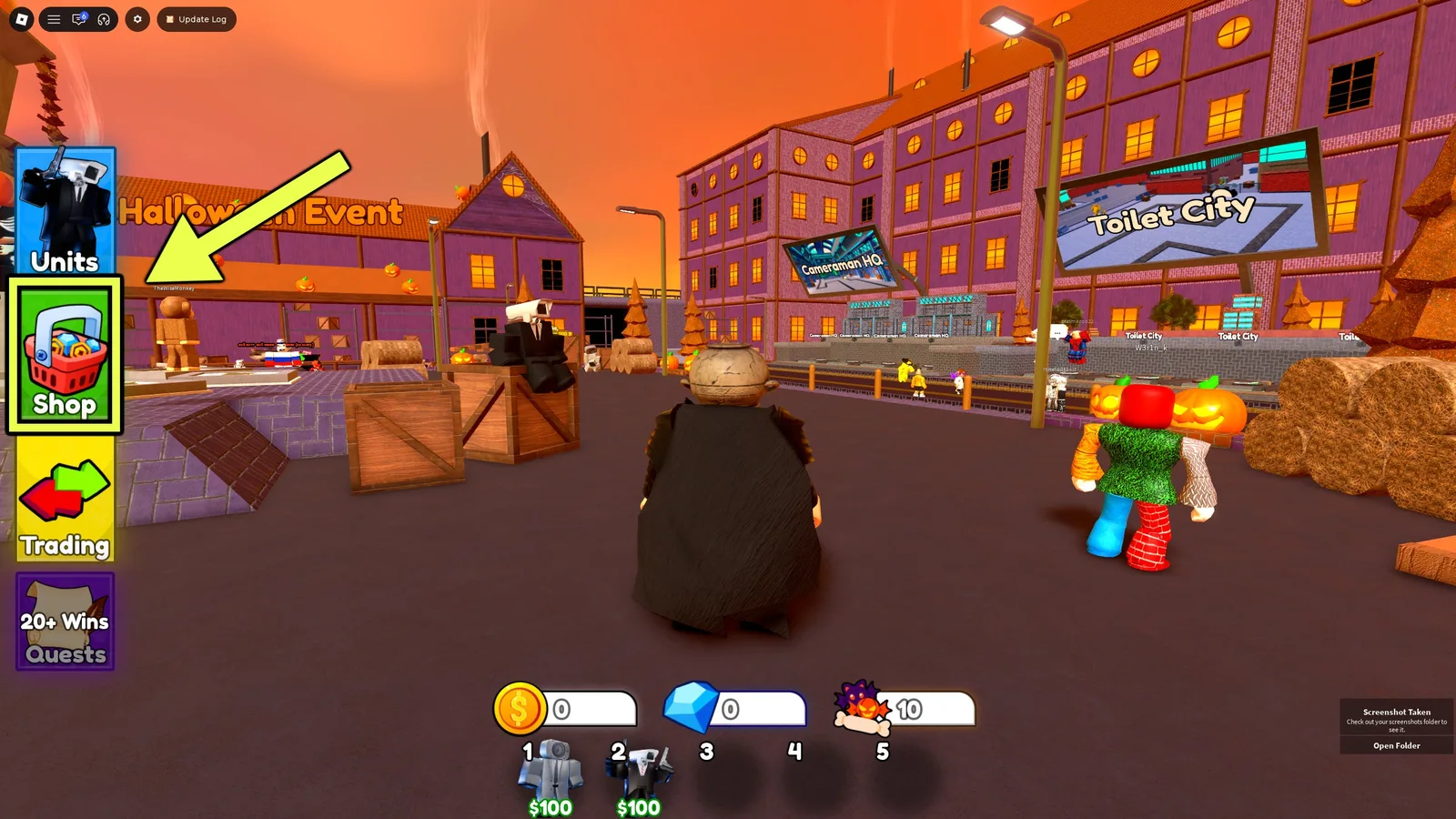 A screenshot from Cameraman Tower Defense, showing the location of the shop tab.