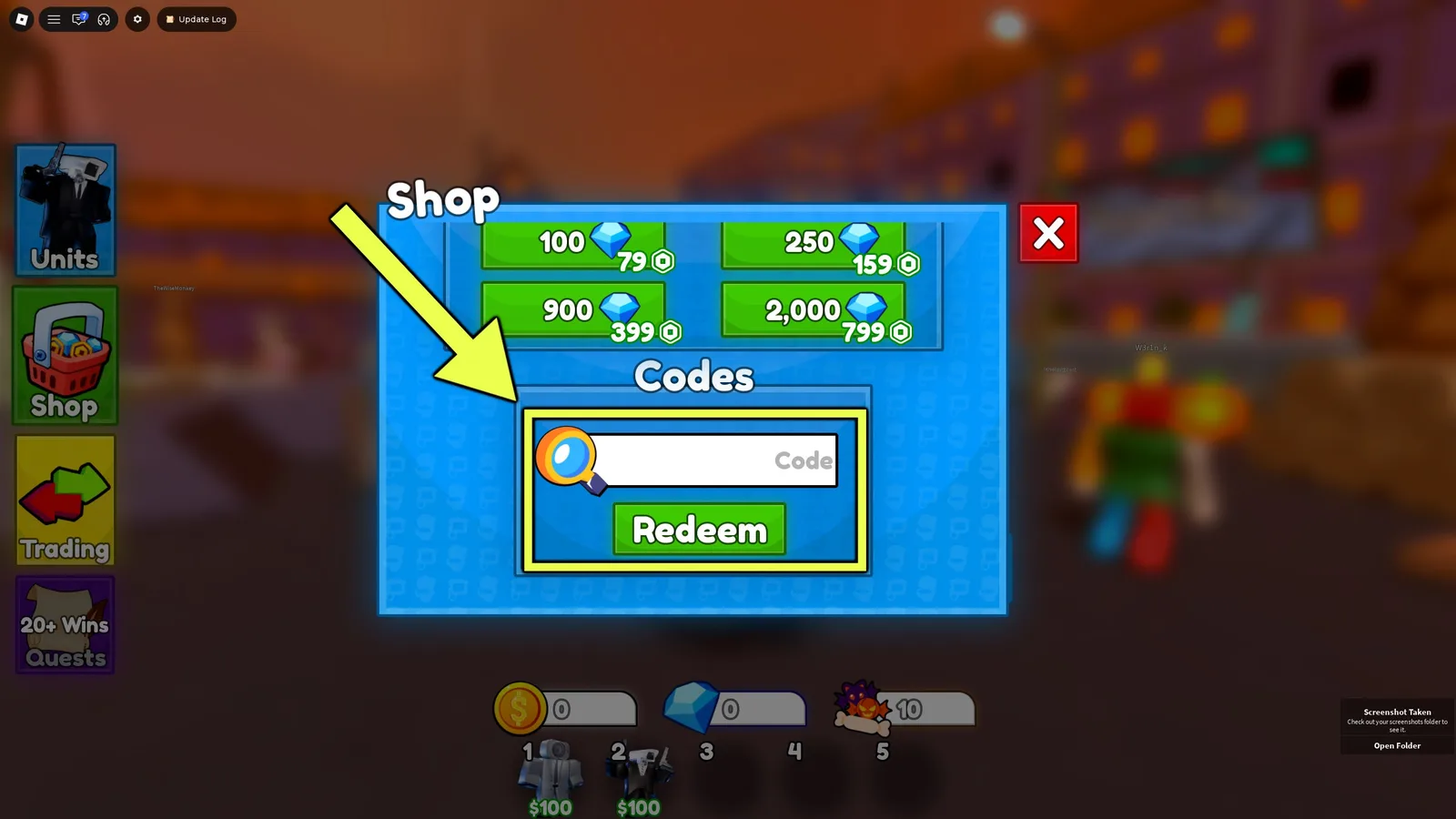A screenshot from Cameraman Tower Defense, showing the location of the codes bar in the shop tab.