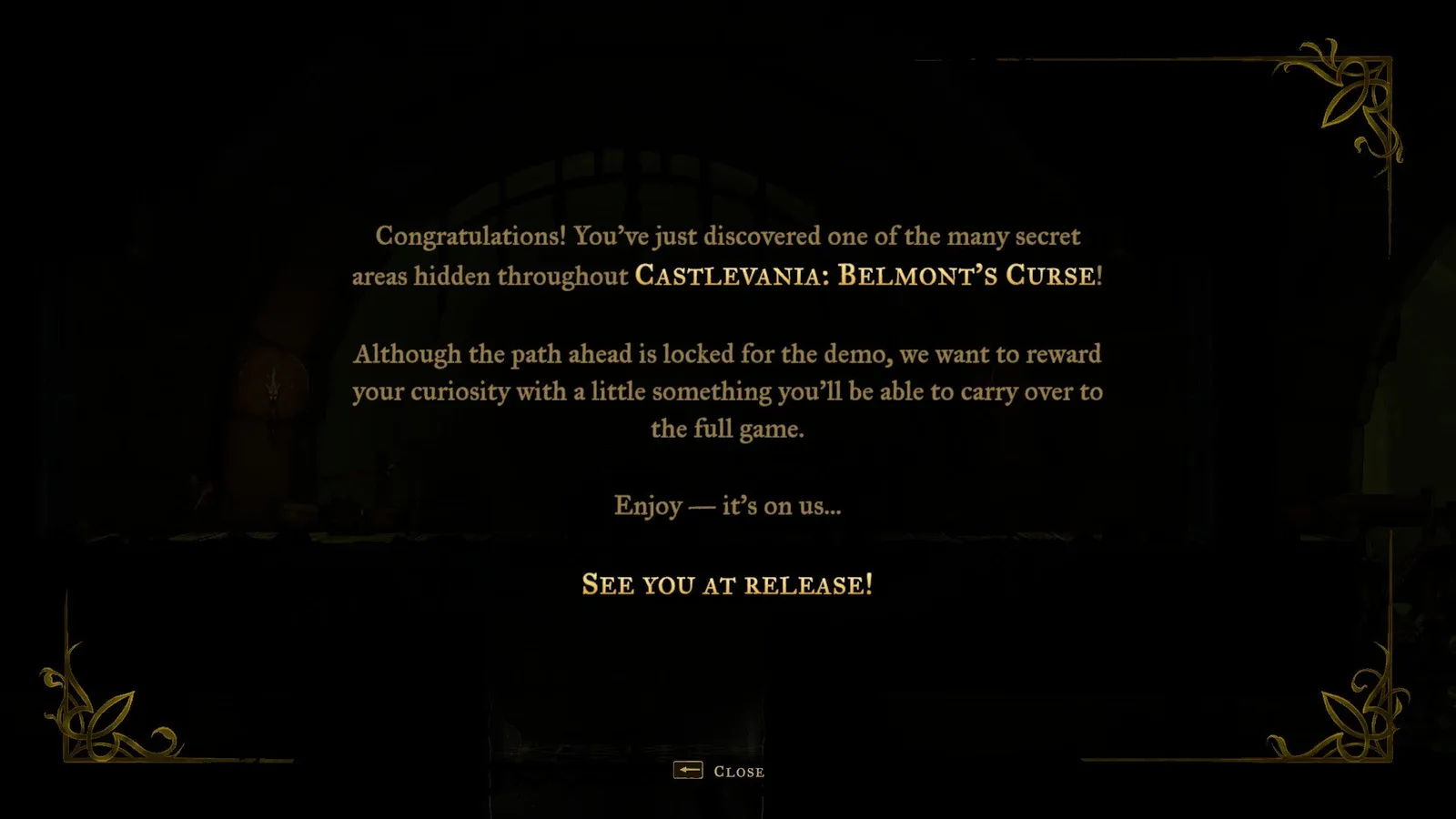 A congratulatory message from Evil Empire, the devs of Castlevania: Belmont's Curse, applauding the player for finding a secret.