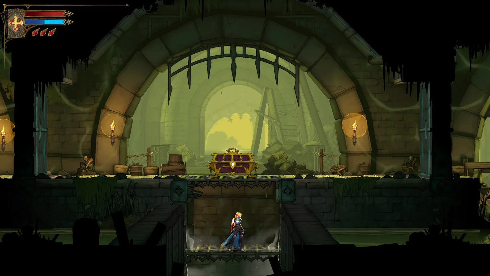 A large chest containing a secret weapon, the Cestus gloves, in Castlevania: Belmont's Curse.