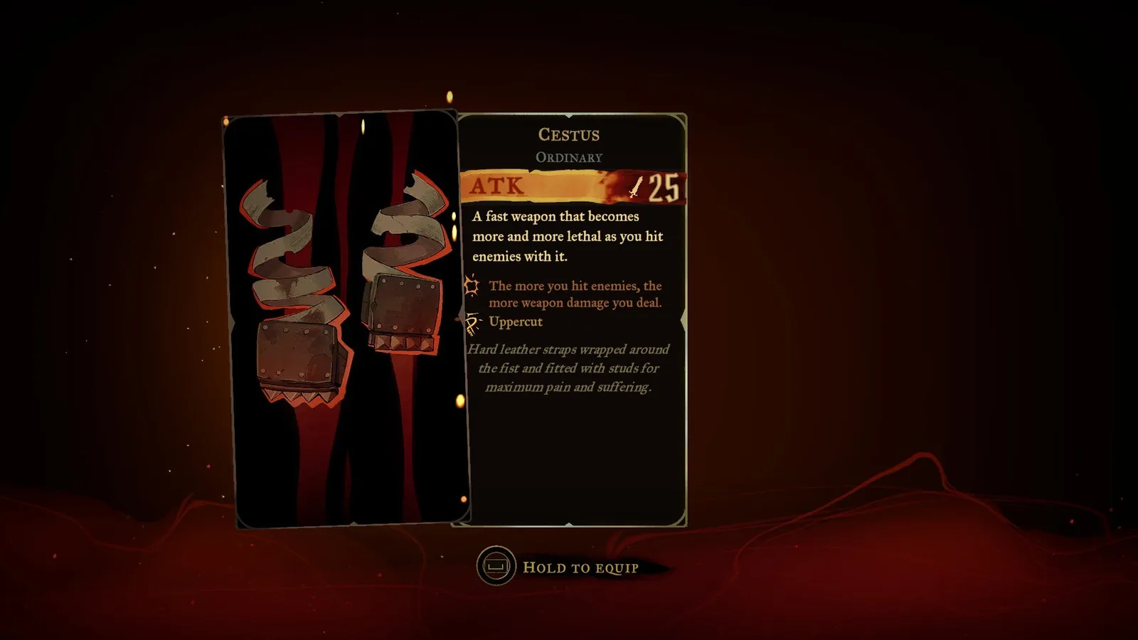 The menu description of the Cestus gauntlets in Castlevania: Belmont's Curse, revealing that they deal more damage the more attacks you make.
