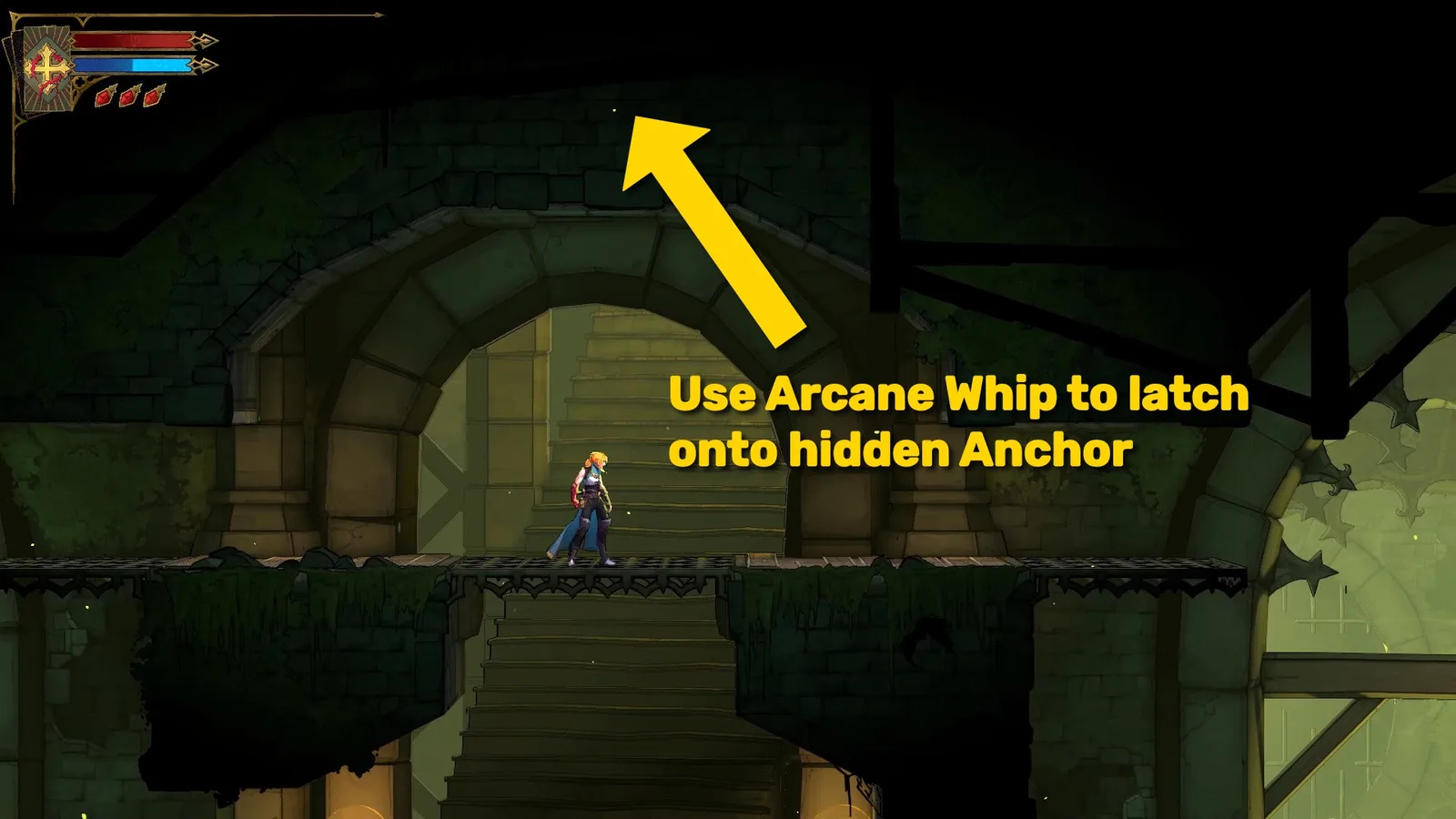 The location of a secret in the Sewer Reservoir of Castlevania: Belmont's Curse. A yellow arrow points upwards at a hidden Anchor that Rose needs to hit with her Arcane Whip.
