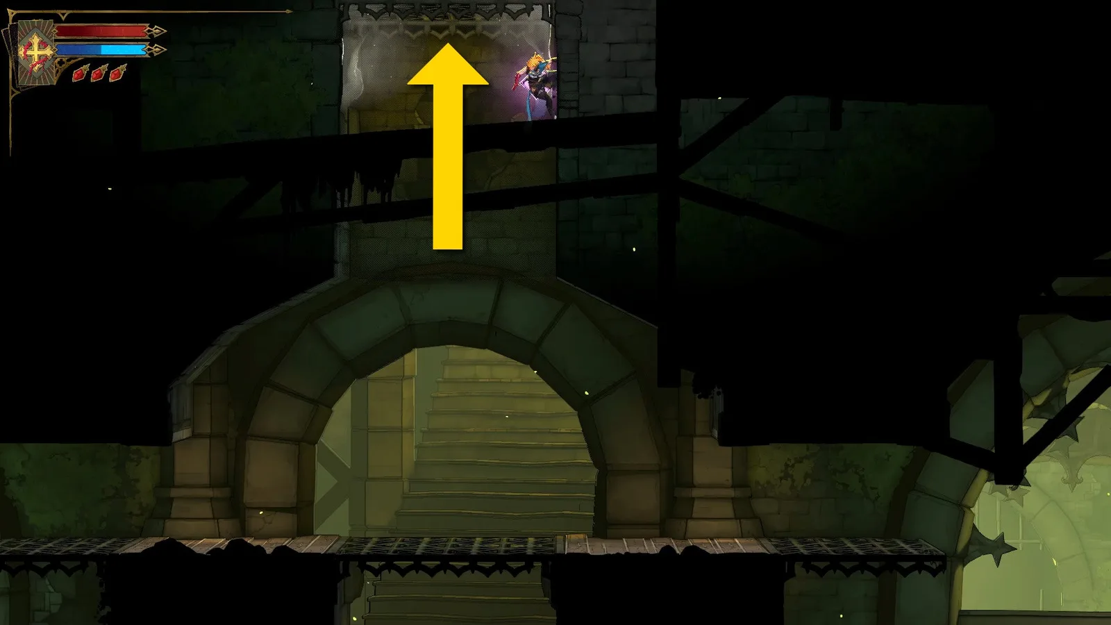 Rose clings to a hidden Anchor in the Sewer Reservoir of Castlevania: Belmont's Curse. A yellow arrow points upwards.