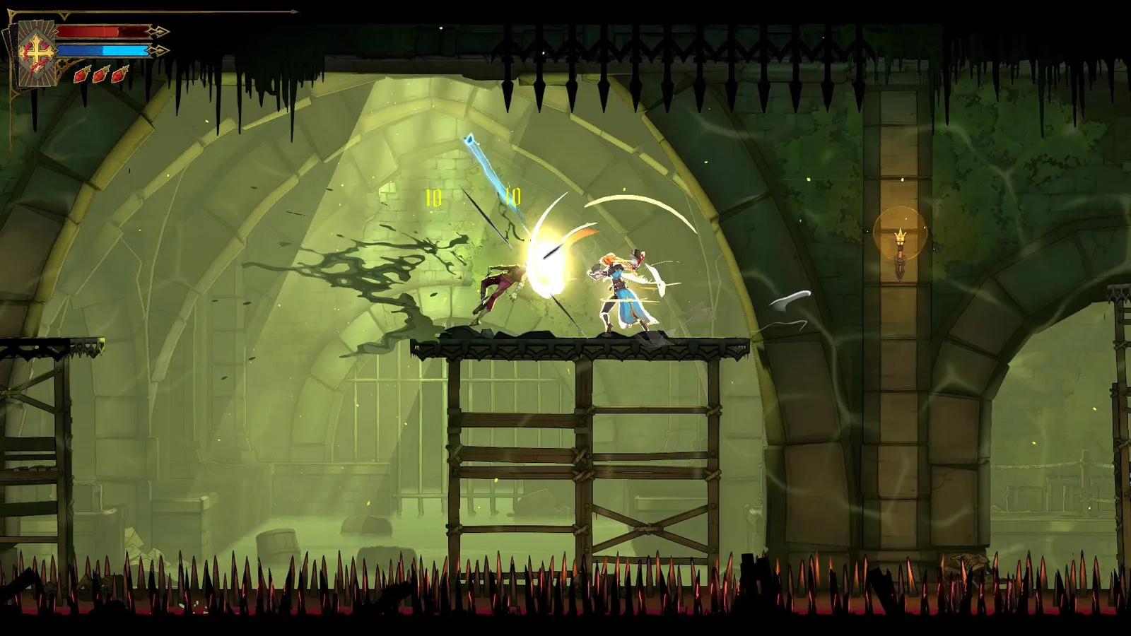 Rose punches a zombie with the Cestus in the Paris sewers of Castlevania: Belmont's Curse.