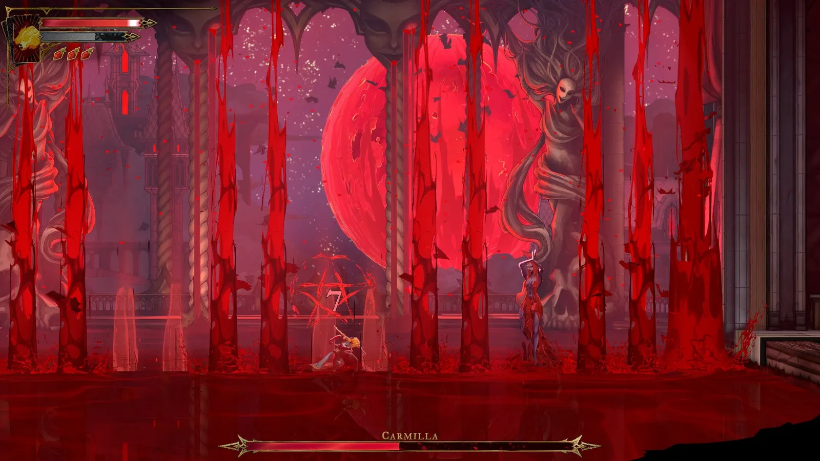 Carmilla creates pillars of blood that radiate upwards during this boss fight in Castlevania: Belmont's Curse. A number 7 is atop Rose Belmont, indicating how many more hits from blood attacks she can take.
