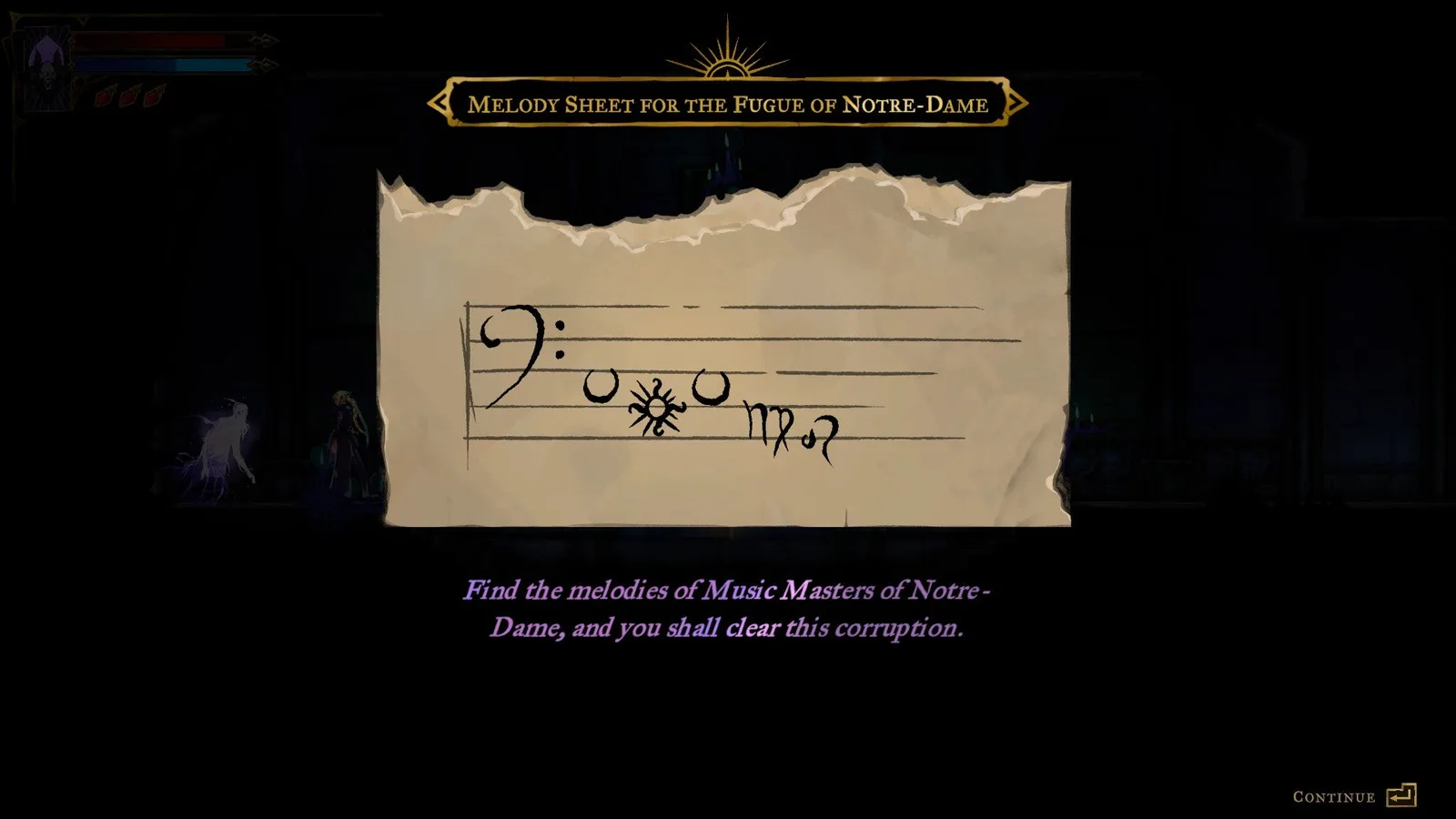 The melody sheet for the Fugue of Notre-Dame in Castlevania: Belmont's Curse.