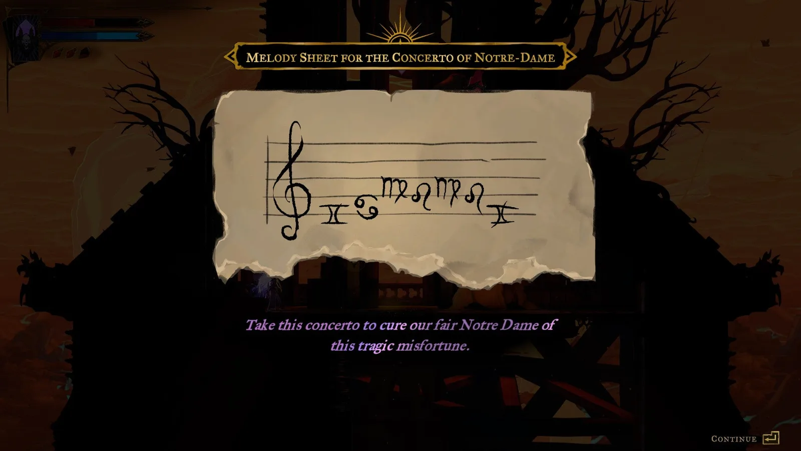 The melody sheet for the Concerto of Notre-Dame in Castlevania: Belmont's Curse.