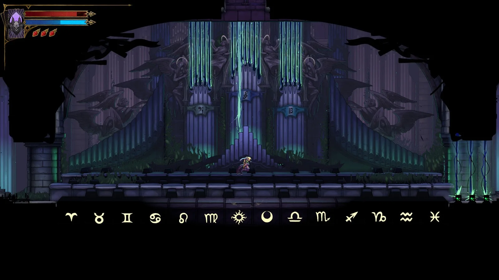 Rose stands atop the giant organ of Notre-Dame in Castlevania: Belmont's Curse. Each organ key is matched to a particular astrological zodiac sign.