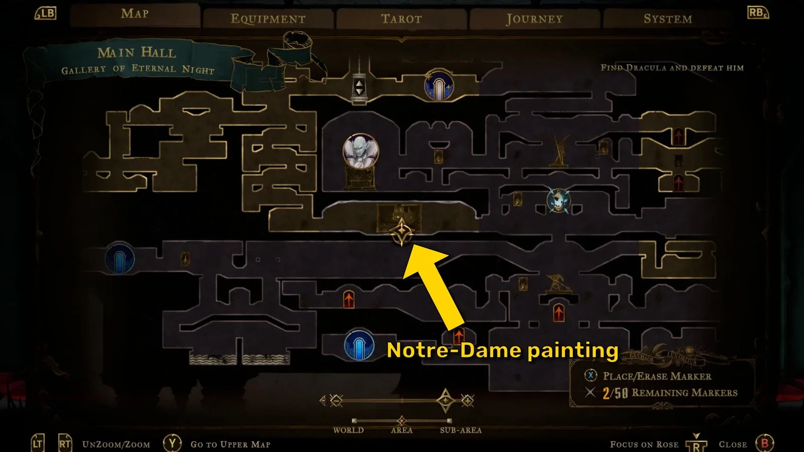 A map of the Main Hall in Castlevania: Belmont's Curse, showing the location of the Notre-Dame painting.