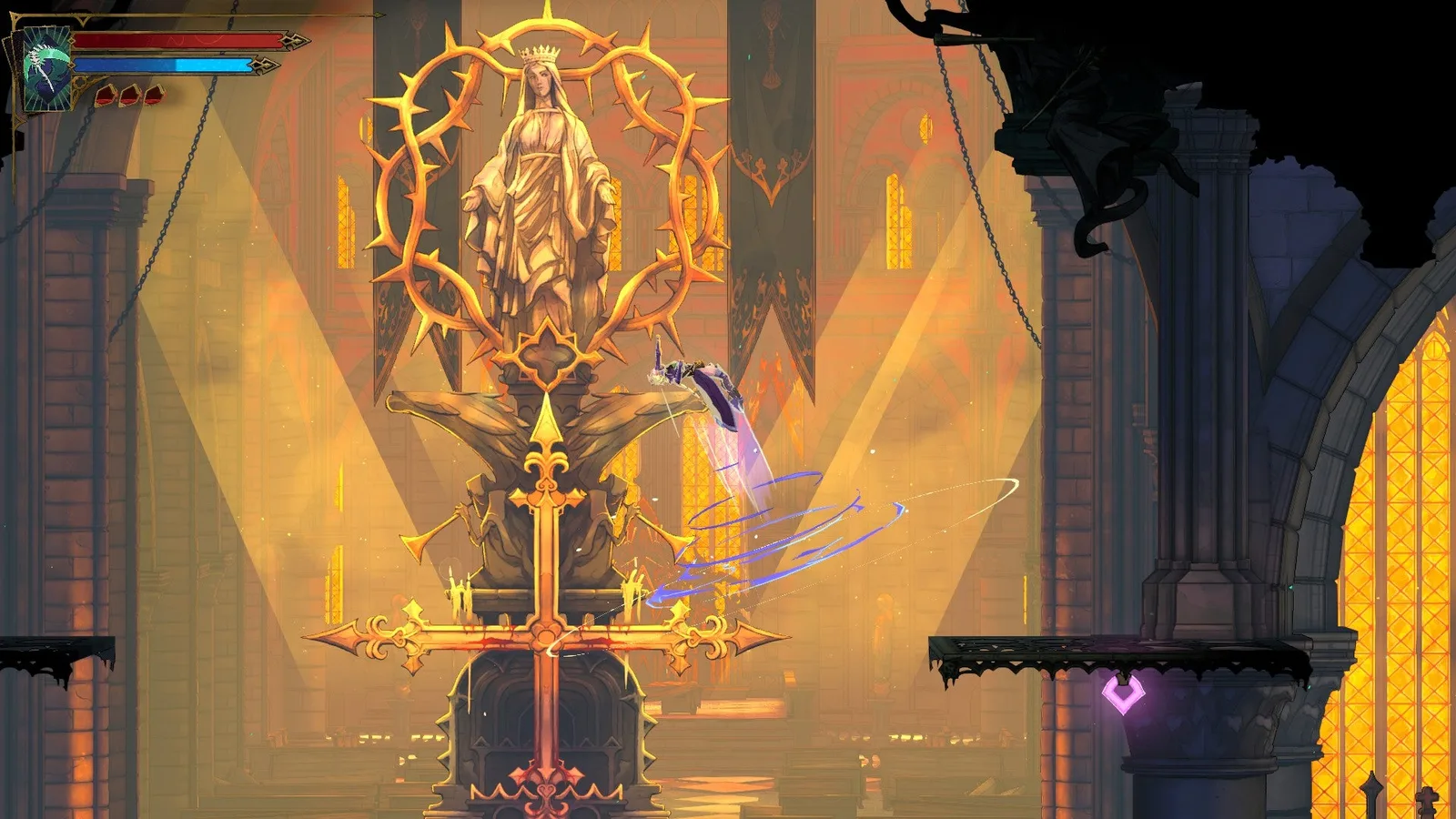 Rose springs higher via a Double Jump in Castlevania: Belmont's Curse. A giant Notre-Dame Cathedral statue of the Virgin Mary and a cross is behind her.
