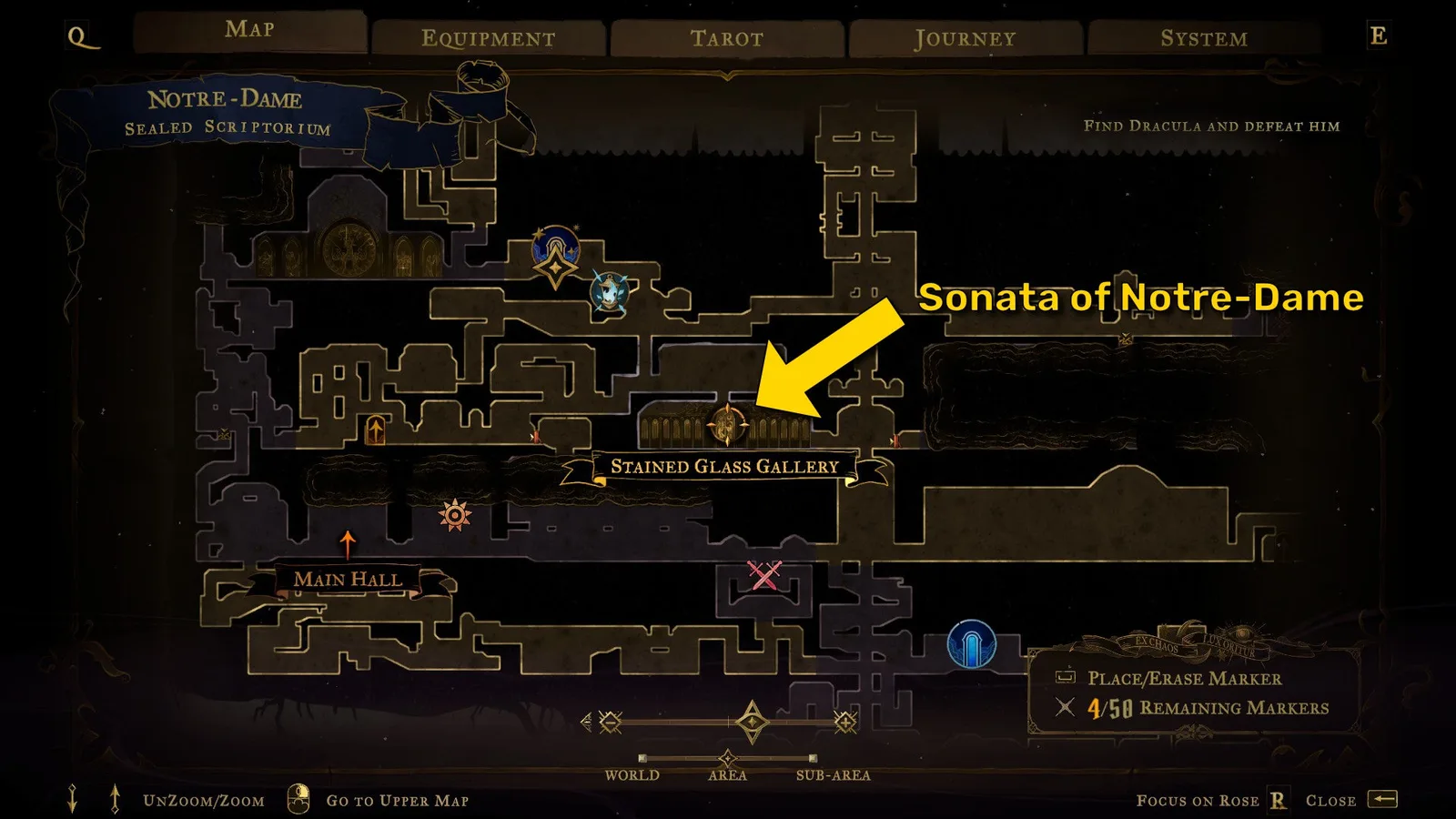 A map of Notre-Dame in Castlevania: Belmont's Curse, showing the location of the Sonata of Notre-Dame.