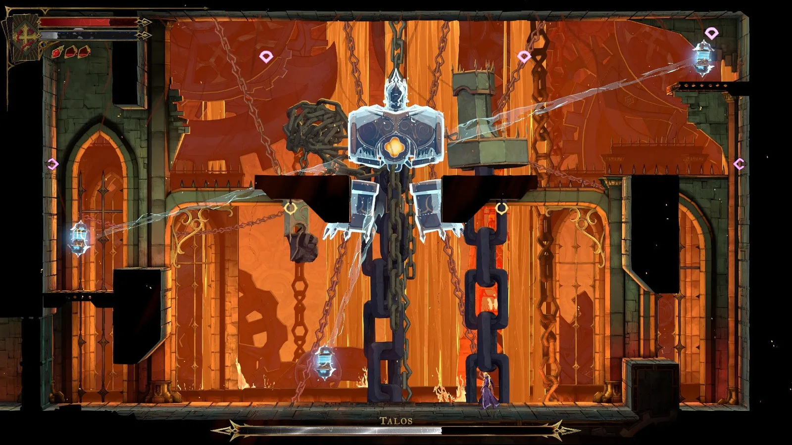 Rose gets ready to fight Talos, a giant mechanical suit of armor chained to a room in the Clock Tower of Castlevania: Belmont's Curse.