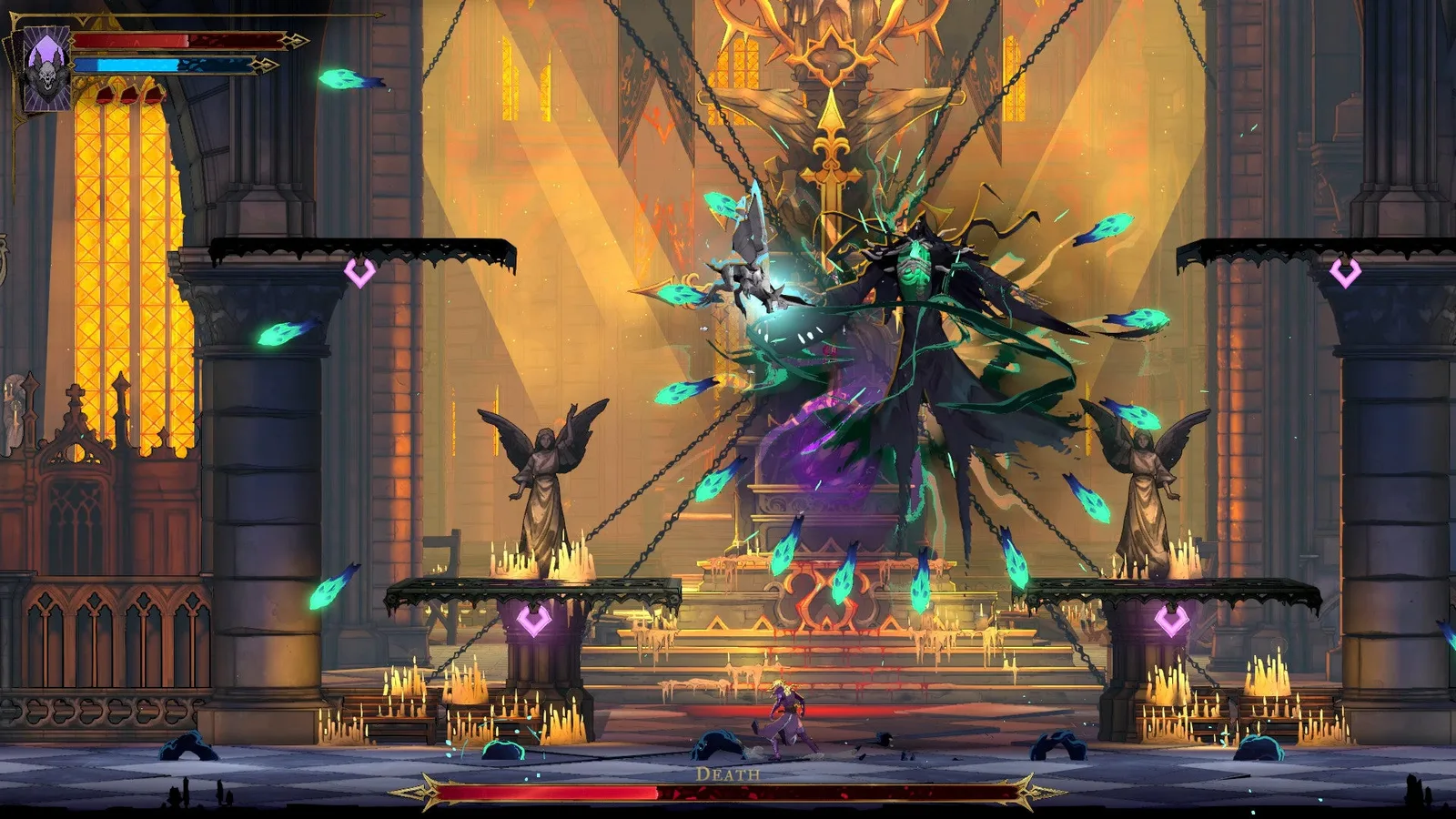 Death sends out a wave of projectiles as he fights Rose in Castlevania: Belmont's Curse, at the Cathedral of Notre-Dame.