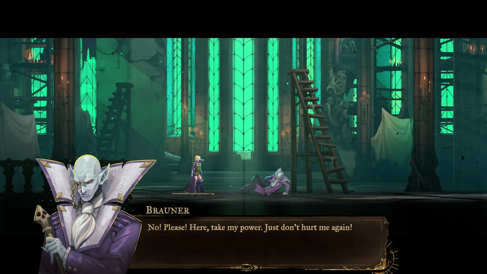 The bald, purple suited vampire Brauner grovels before Rose in Castlevania: Belmont's Curse, begging her not to hurt him.