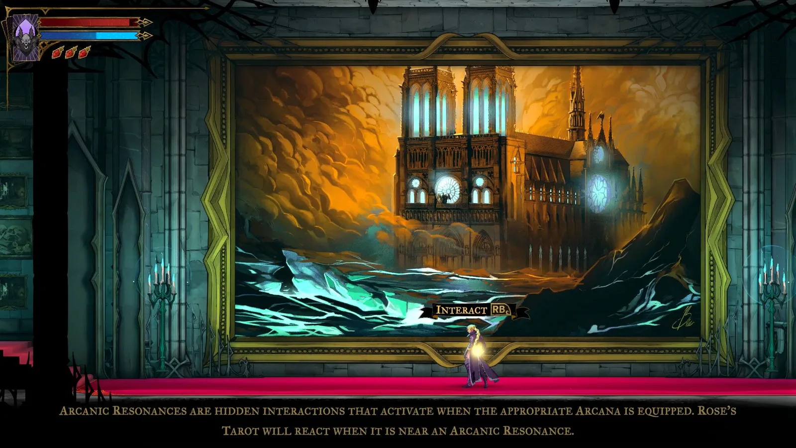 Rose stands before a painting of Notre-Dame Cathedral in Castlevania: Belmont's Curse. A message about Arcanic Resonances can be seen as her Tarot Deck reacts to the painting.
