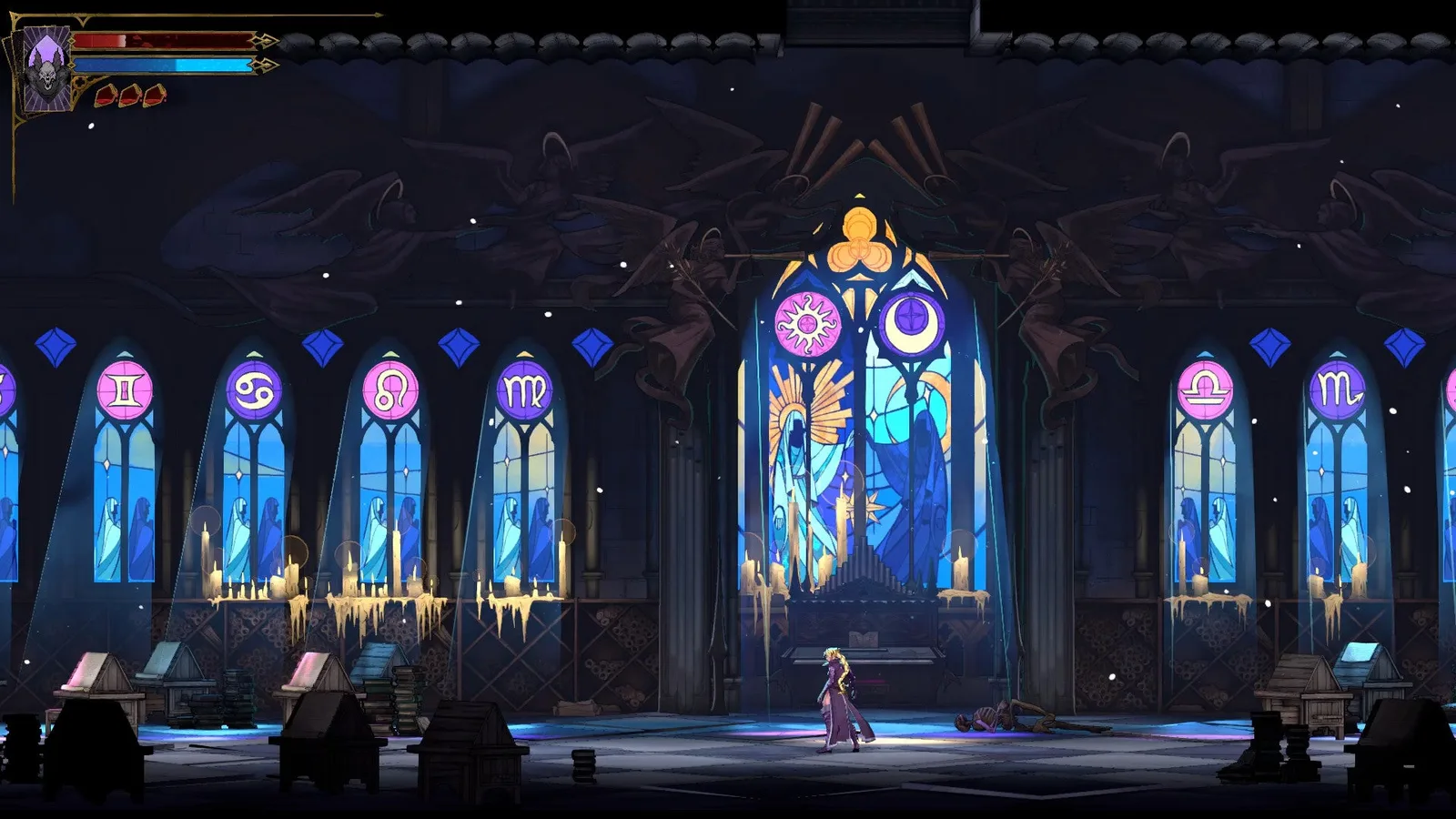 Rose stands in a stained glass gallery of Notre-Dame Cathedral in Castlevania: Belmont's Curse. Astrological symbols are above the windows in the room, which are also decorated by candles.