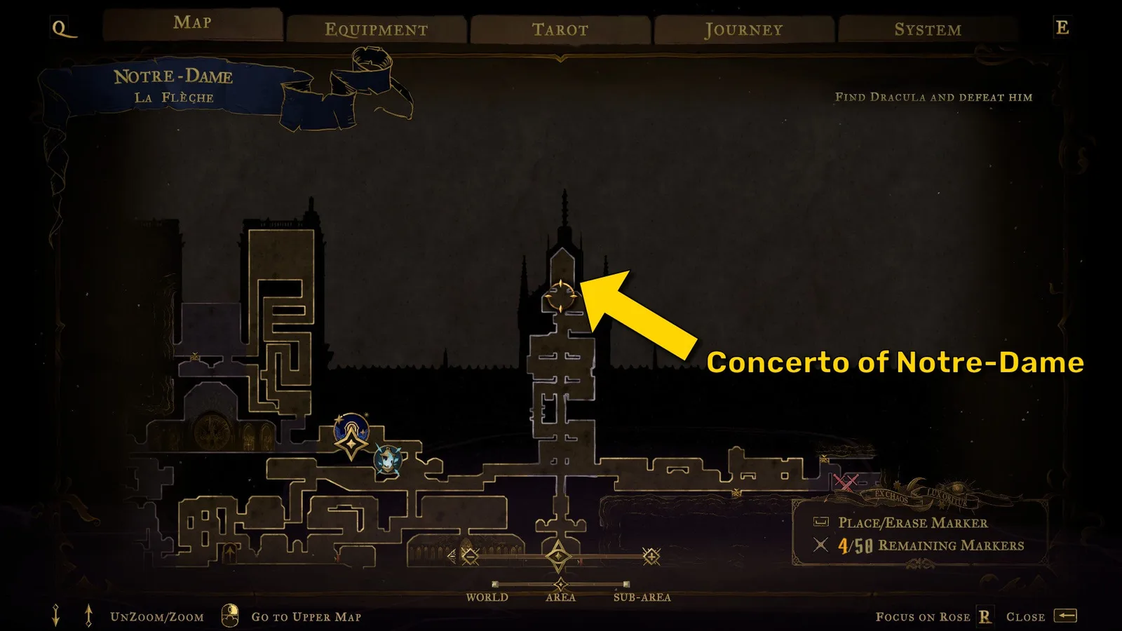 A map of Notre-Dame in Castlevania: Belmont's Curse, showing the location of the Concerto of Notre-Dame.