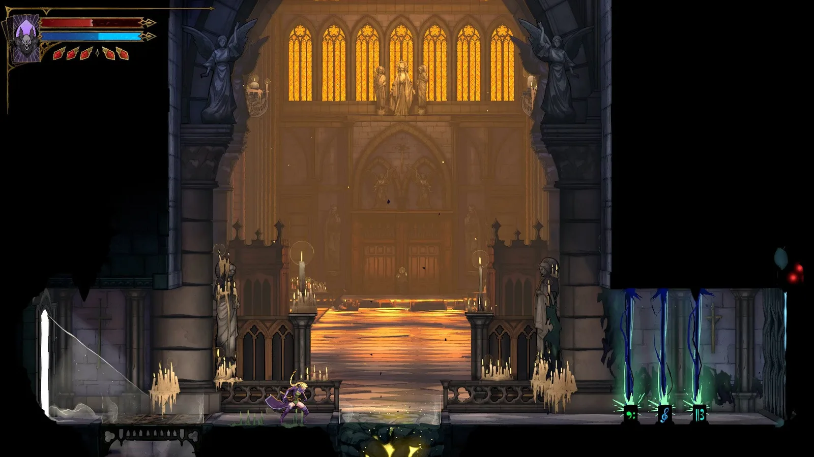 Rose stands before the blocked-off gate leading to Death's boss room in Castlevania: Belmont's Curse. Energy flowing from three pipes in Notre-Dame block her way.