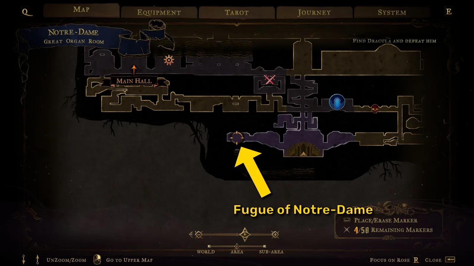 A map of Notre-Dame in Castlevania: Belmont's Curse, showing the location of the Fugue of Notre-Dame.