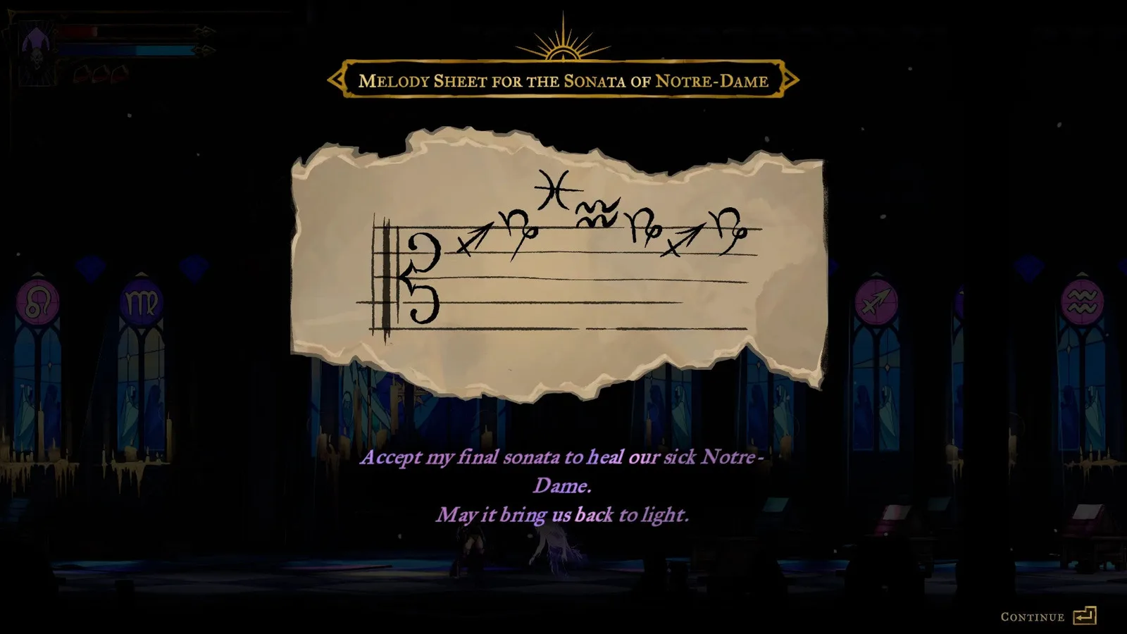 The melody sheet for the Sonata of Notre-Dame in Castlevania: Belmont's Curse.