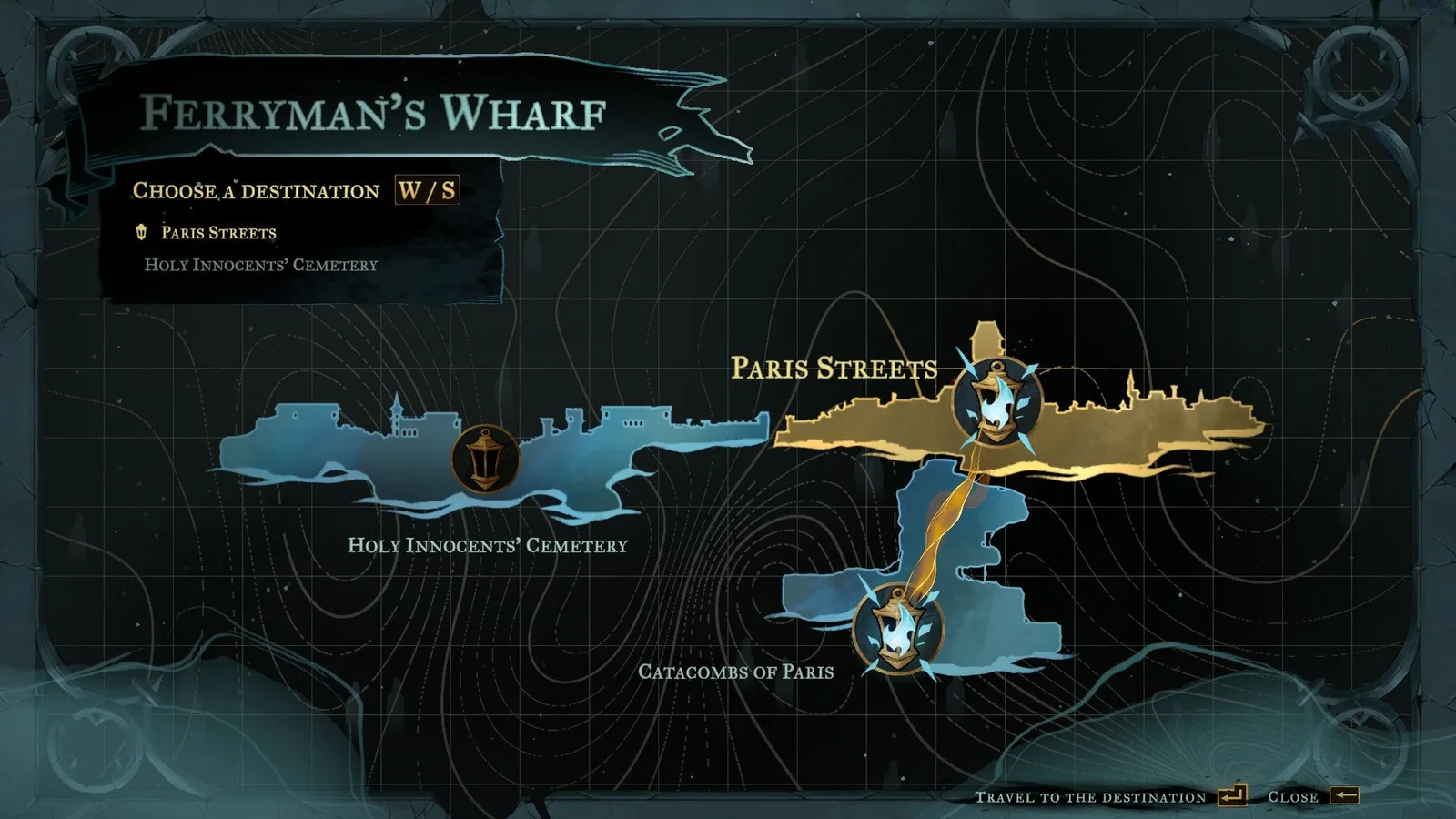 A map showing various Ferryman's Wharf fast travel points in Castlevania: Belmont's Curse, from the Paris Streets to the Catacombs to the Holy Innocents' Cemetery.