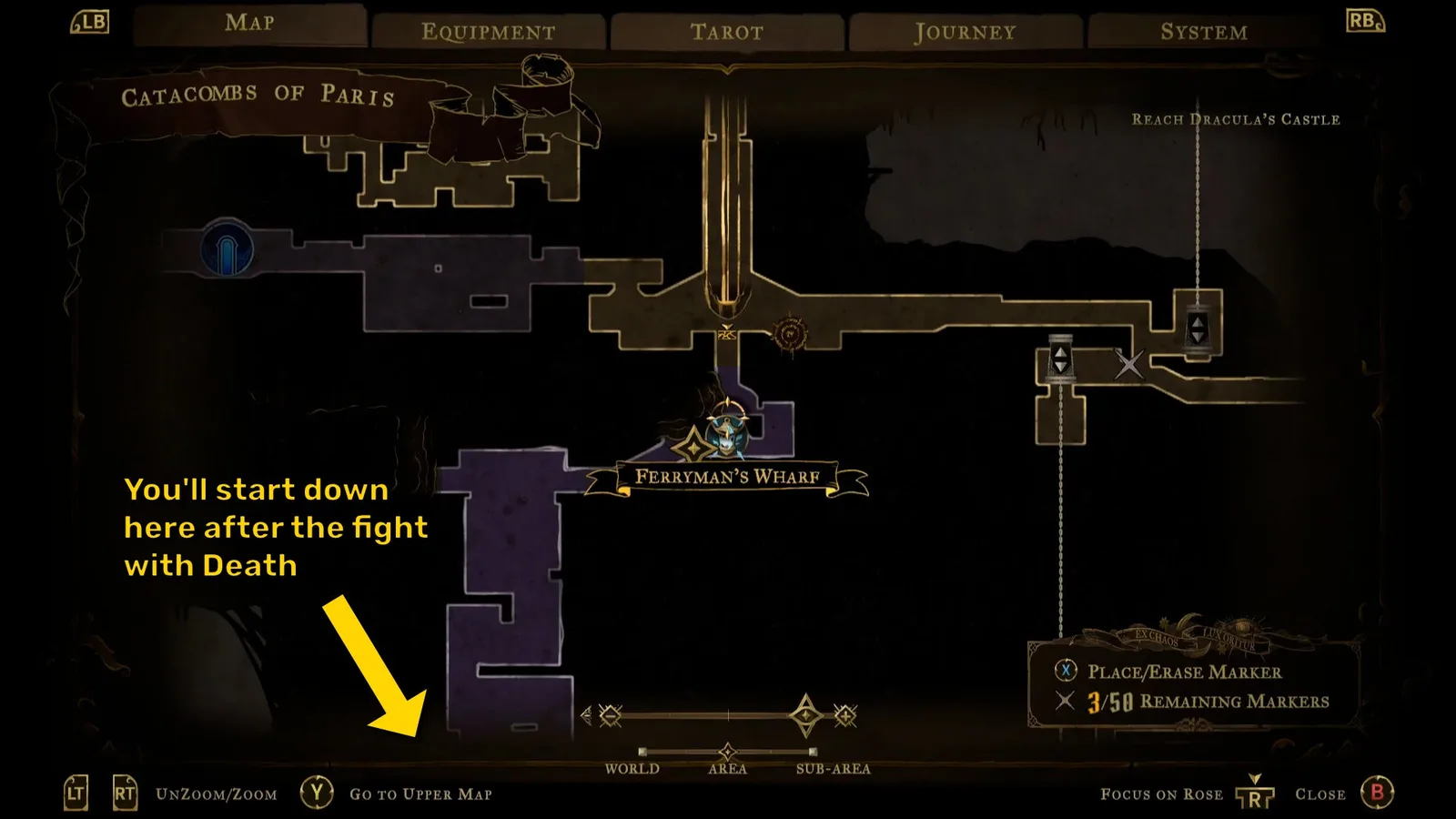 A map of the Catacombs in Castlevania: Belmont's Curse showing the location of the first Ferryman's Wharf. A yellow arrow shows the player's relative location after the first fight with Death.