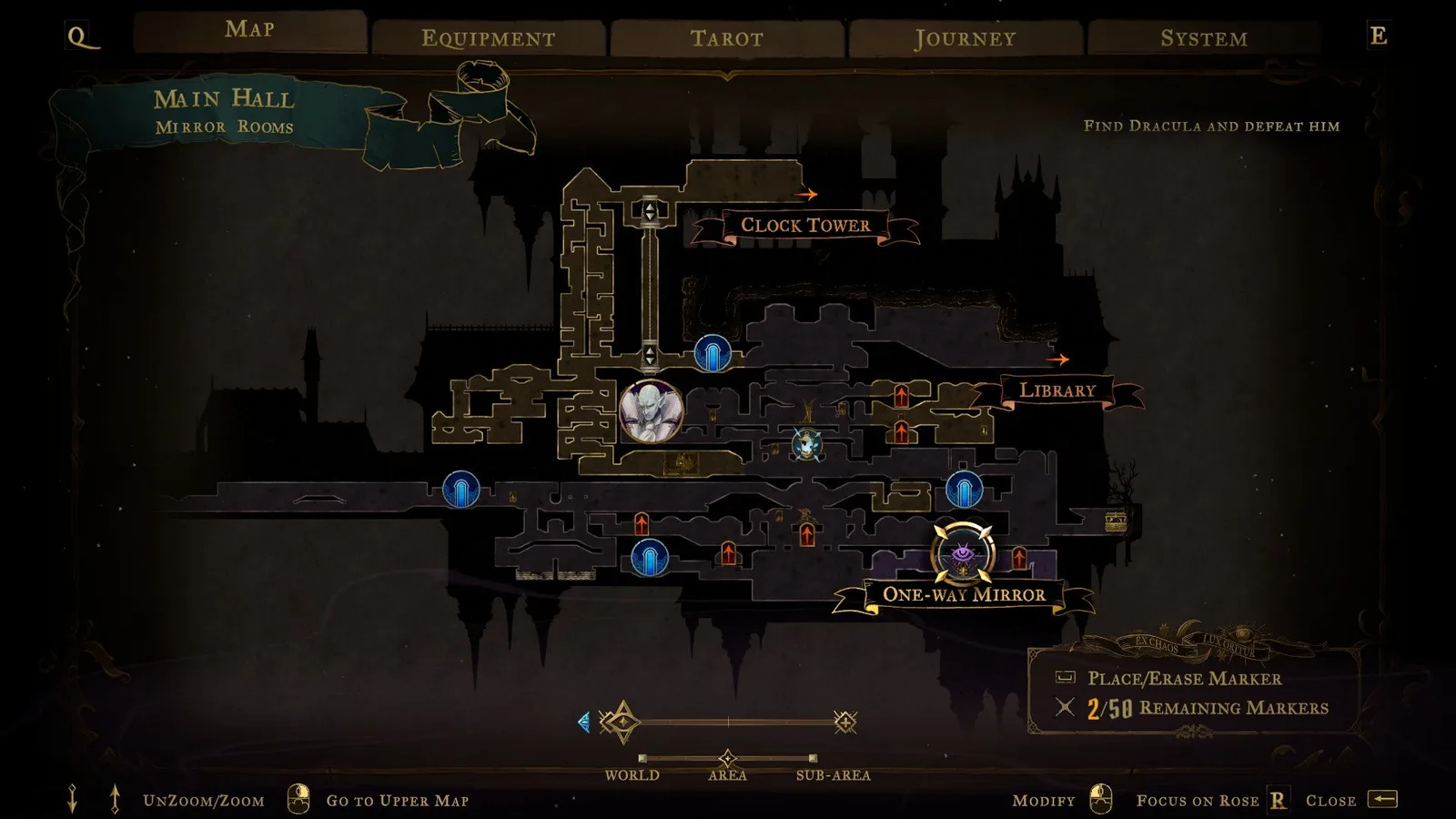 A map of the Main Hall in Castlevania: Belmont's Curse. The location of the One-Way Mirror is highlighted in the lower right.