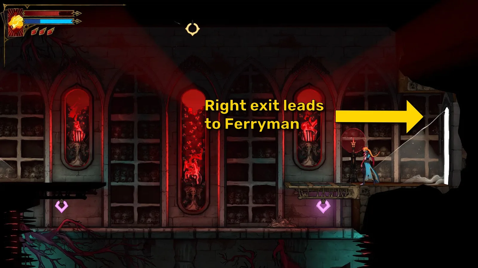 Rose stands in a room in the Catacombs of Castlevania: Belmont's Curse. Three red skull pyres burn in the background. A yellow arrow to the right exit indicates that the player should go that way to meet the Ferryman.