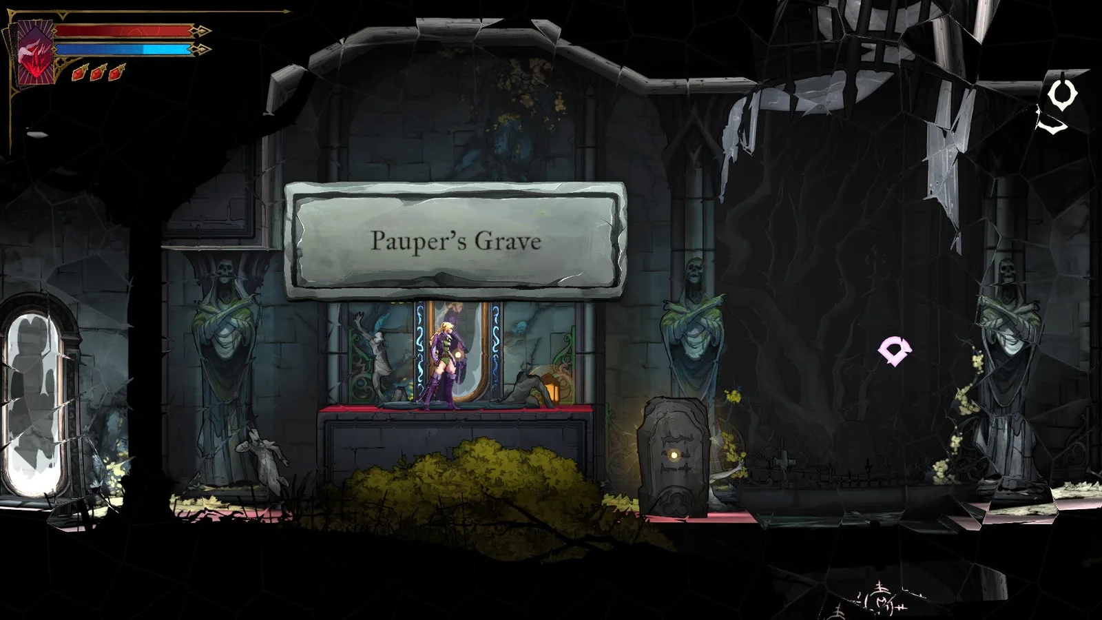 Rose stands in the Hall of Mirrors of Castlevania: Belmont's Curse, before a Mirror of Life that leads to Pauper's Grave.