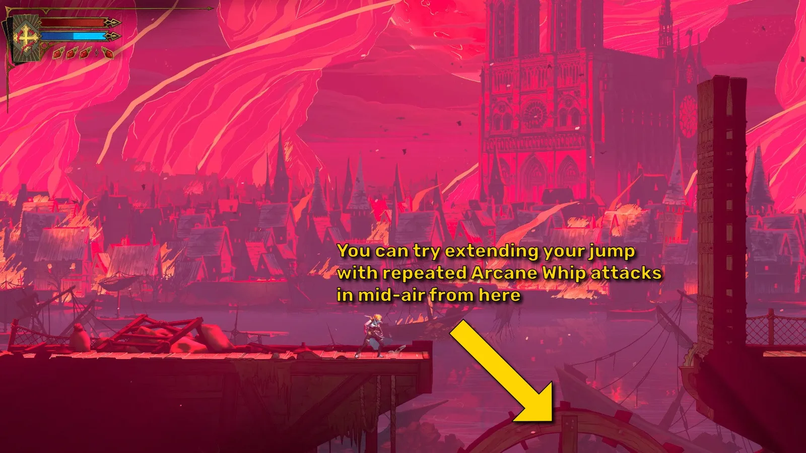 Rose Belmont stands by a drawbridge in Castlevania: Belmont's Curse. A yellow arrow points downwards, indicating that the player can try extending her jumps by repeatedly spamming the Arcane Whip in mid-air.