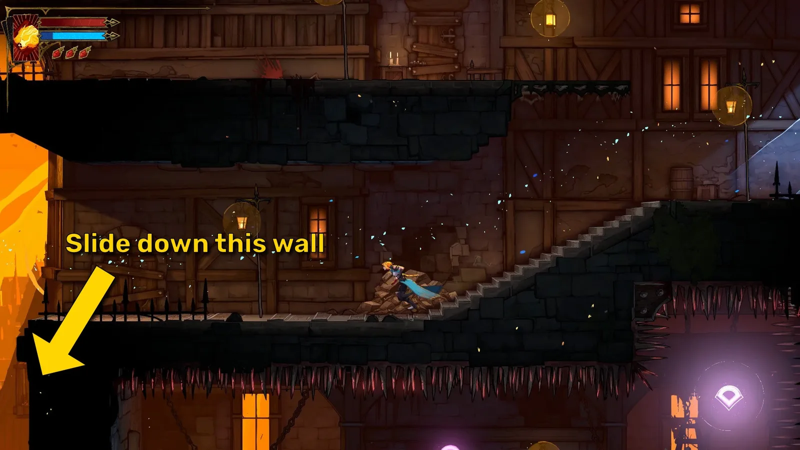 A yellow arrow tells the player to slide down a wall near a save room in Castlevania: Belmont's Curse.
