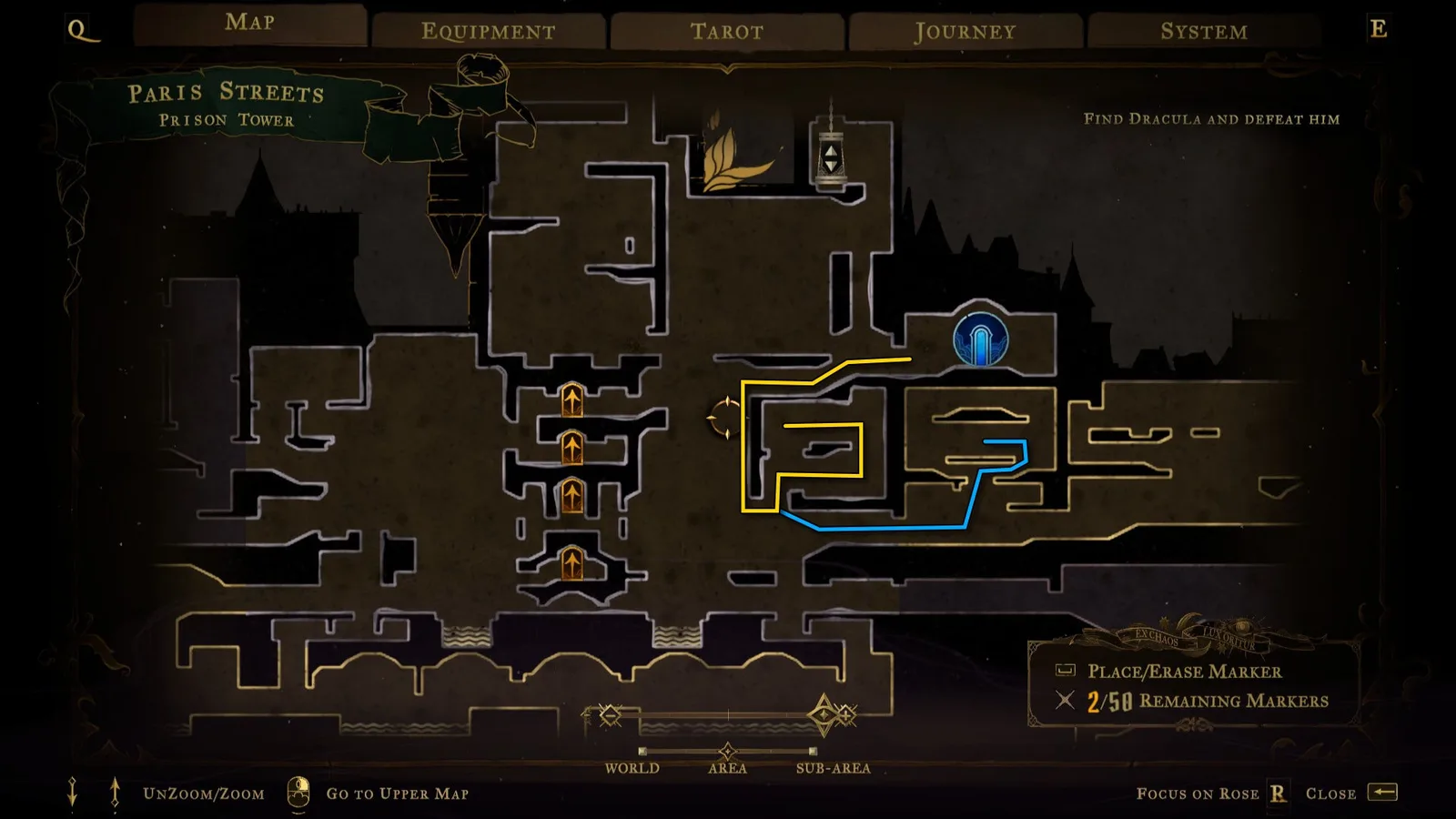 A map for Castlevania: Belmont's Curse, showing a few routes on the right side of the Prison Tower.