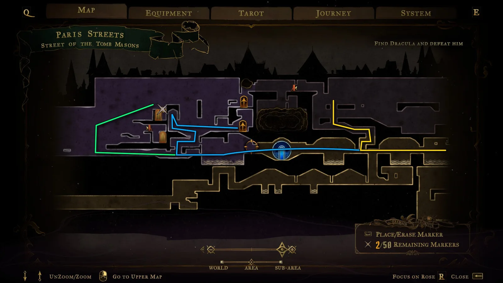 A map for Castlevania: Belmont's Curse, showing a path through the Street of Tomb Masons.