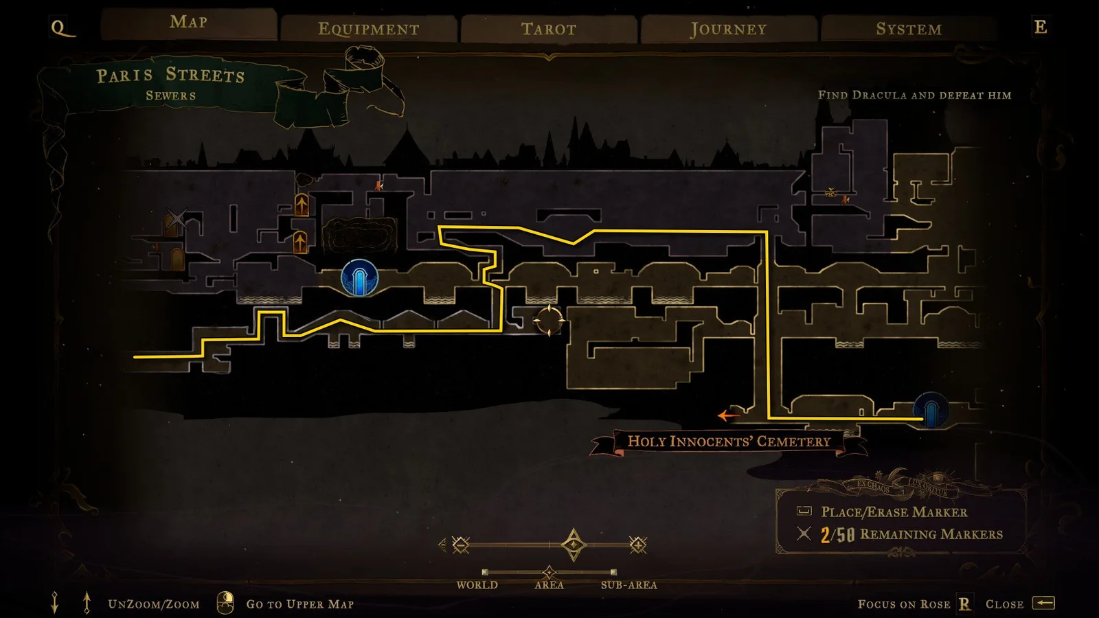 An annotated map for Castlevania: Belmont's Curse, showing a path through the Sewers.