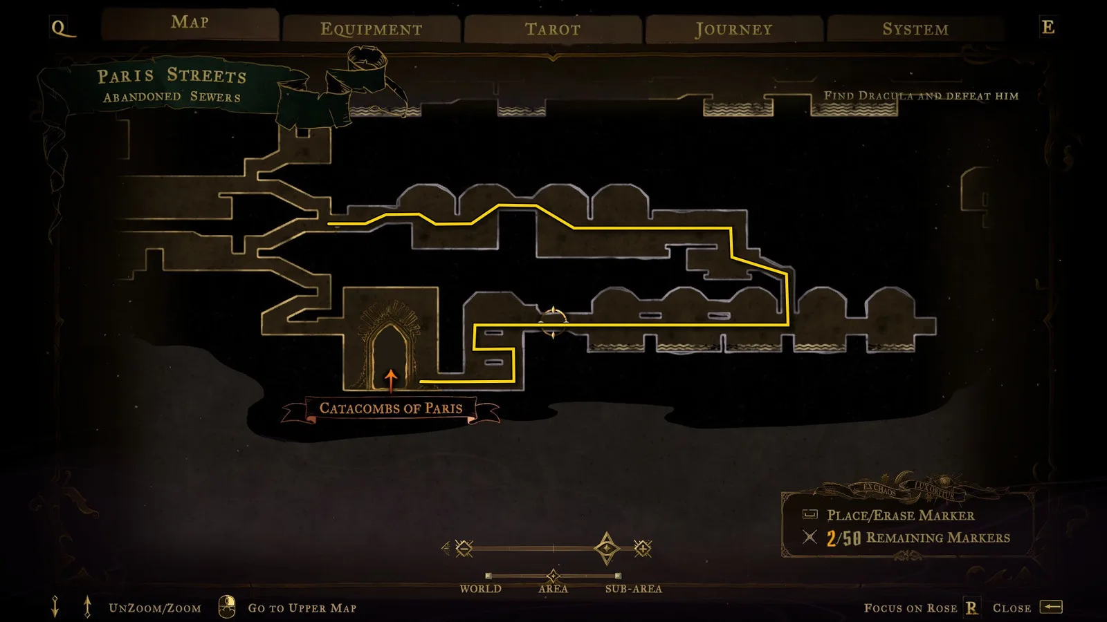 An annotated map of Castlevania: Belmont's Curse showing a path through the Abandoned Sewers.