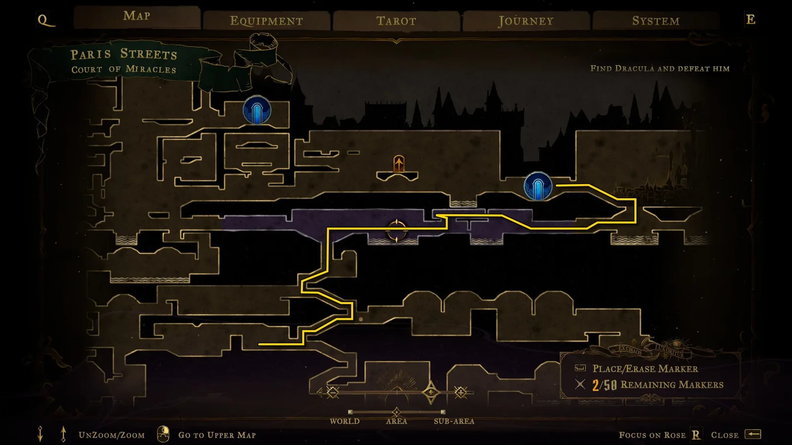 An annotated map for Castlevania: Belmont's Curse, showing a path through the Court of Miracles.