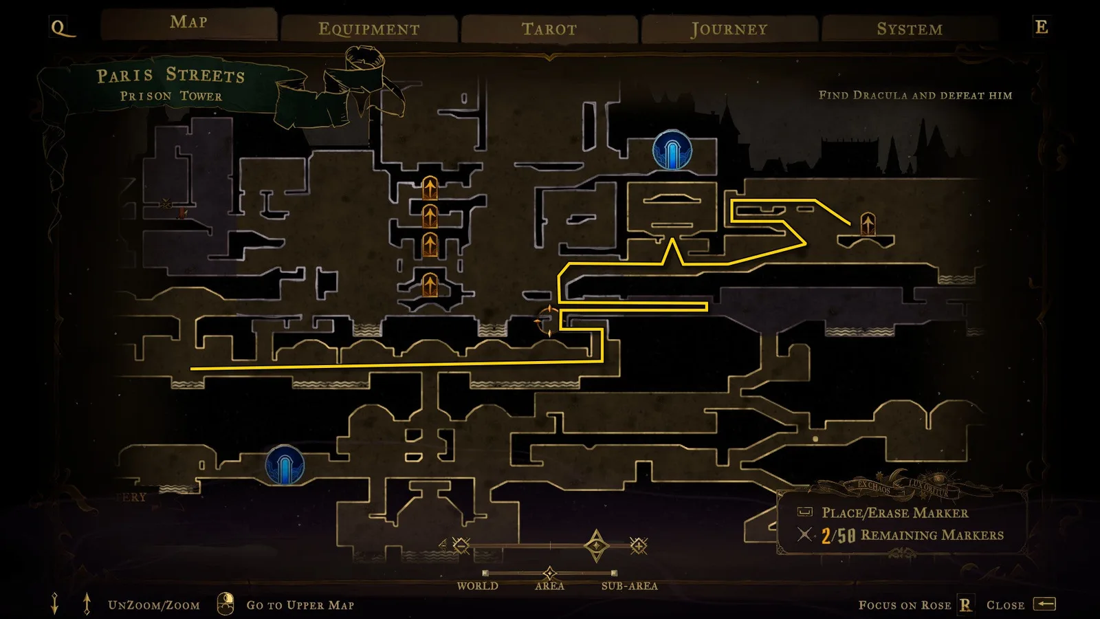 An annotated map for Castlevania: Belmont's Curse, showing a path through the Prison Tower.