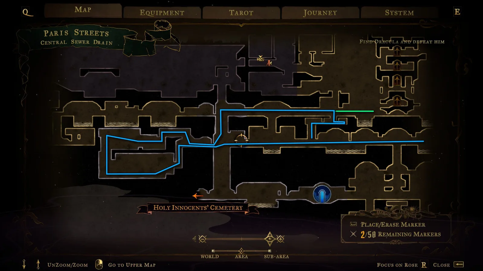An annotated map for Castlevania: Belmont's Curse, showing a path through the Central Sewer Drain.