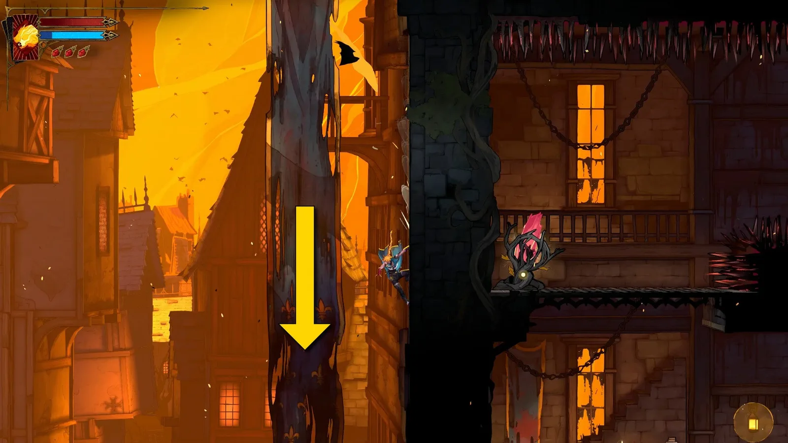 Rose slides down a wall in the Prison Tower of Castlevania: Belmont's Curse; a Brave Heart Fragment is on the other side of the wall and a yellow arrow shows that she needs to keep sliding down.