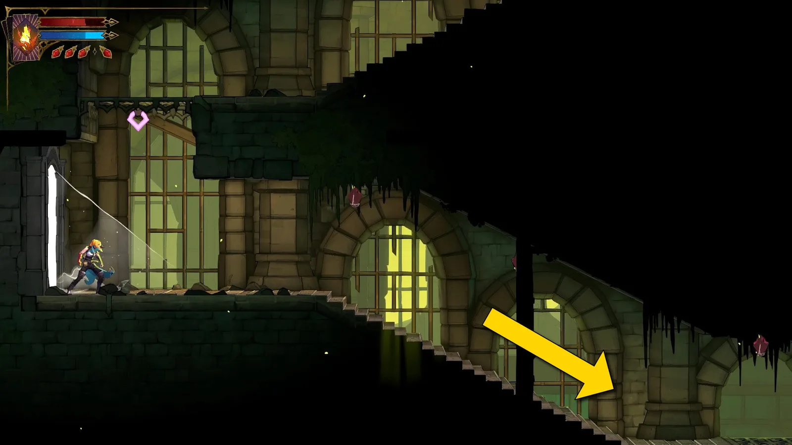 Rose enters the stairwell in the Path of the Rat region of Castlevania: Belmont's Curse. Several bats hang from the ceiling while a yellow arrow points towards the downwards route.