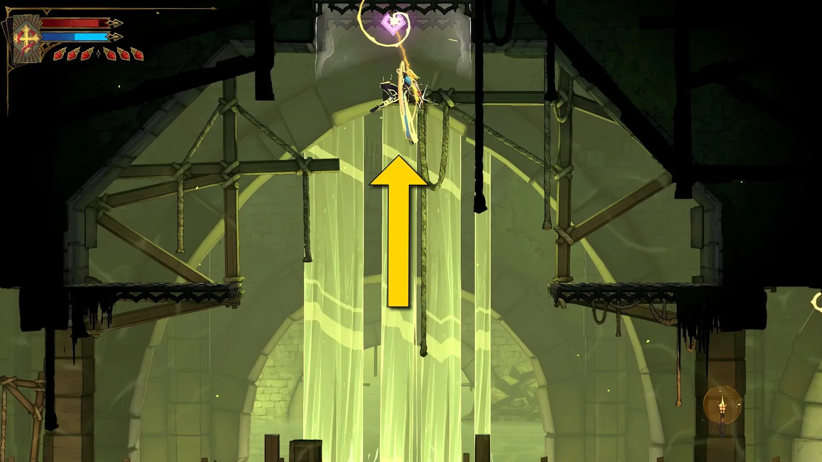 Rose uses her whip in the sewers of Castlevania: Belmont's Curse to latch onto an Anchor that leads upwards to a Red ATK UP Book.