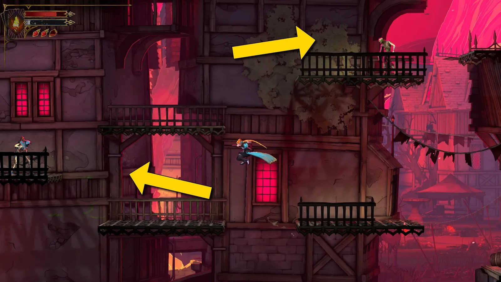 Rose jumps across wooden platforms in the Ruined Market of Castlevania: Belmont's Curse. Yellow arrows show that she should first jump to the left, then right and above.