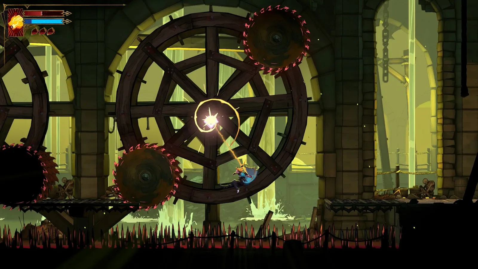 Rose swings between the rotating saw blades of a massive trap in the sewers of Castlevania: Belmont's Curse.