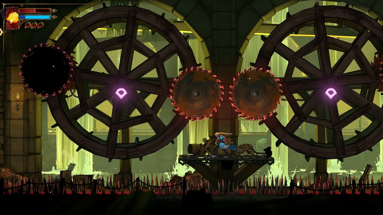 Rose stands on a small platform between two sets of rotating saw blades in the sewers of Castlevania: Belmont's Curse.