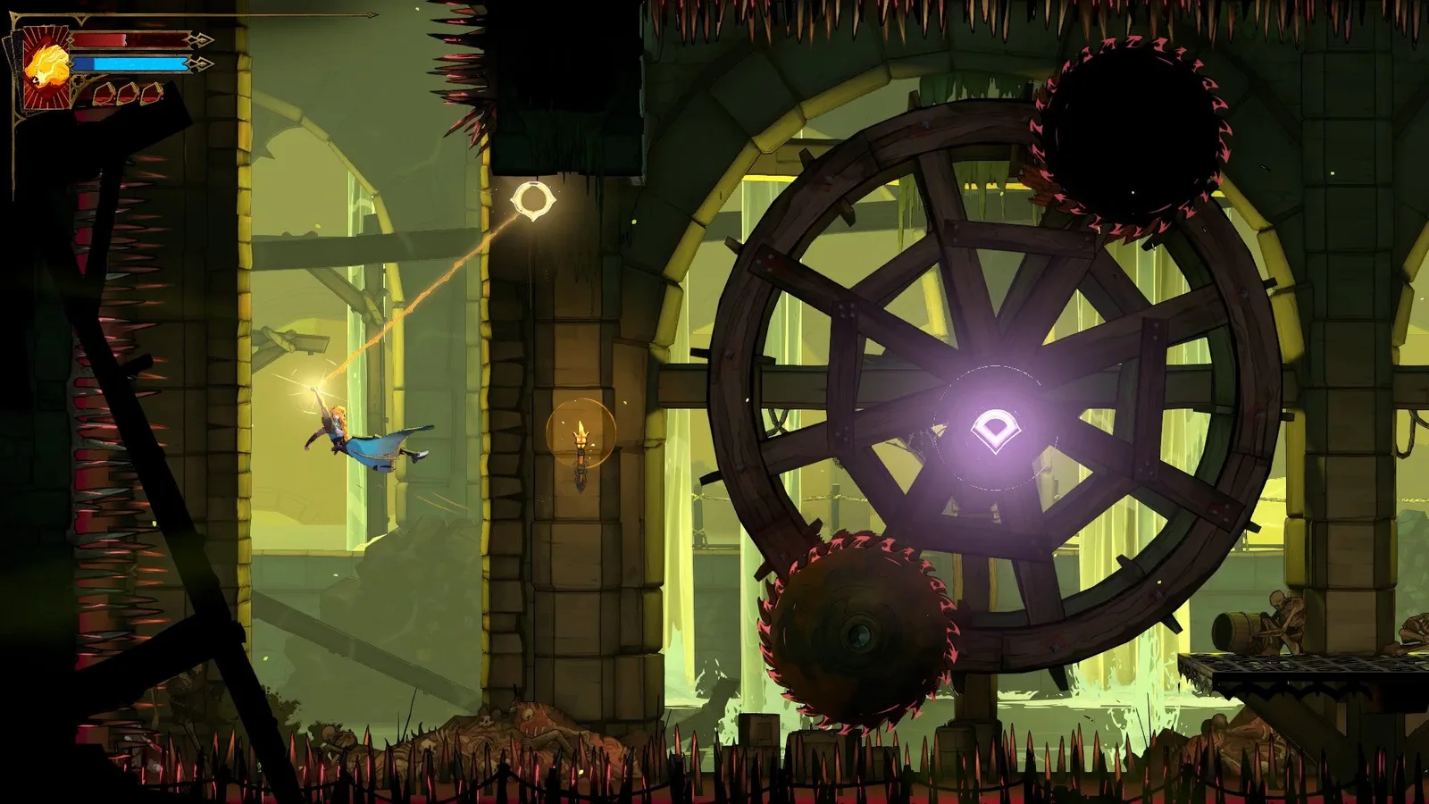Rose swings upwards past a rotating series of saw blades in Castlevania: Belmont's Curse.