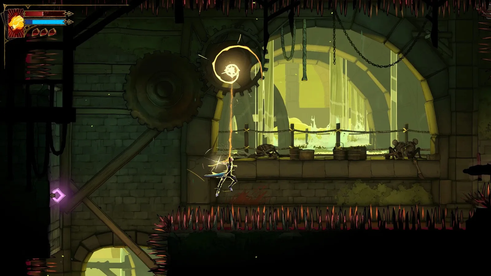 Rose latches to an Anchor and swings across spikes in the sewers of Castlevania: Belmont's Curse.